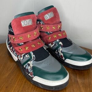 10/1 Star-Studded High Top Helix Sneakers in Green, Red & Camouflage